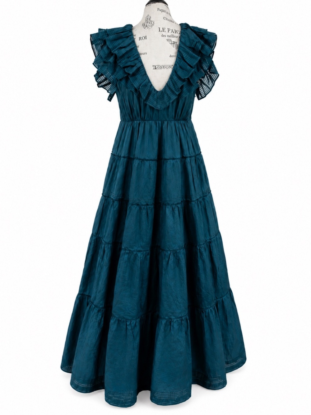 Ulla Johnson Severine Ruffled Tiered Silk Blend Maxi Dress Teal Size 8 Like New!